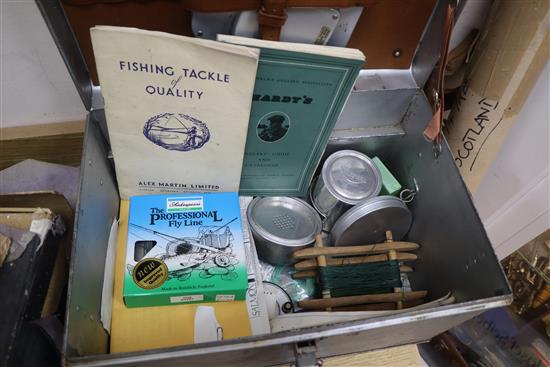 Three fishing rods and a box of flies etc